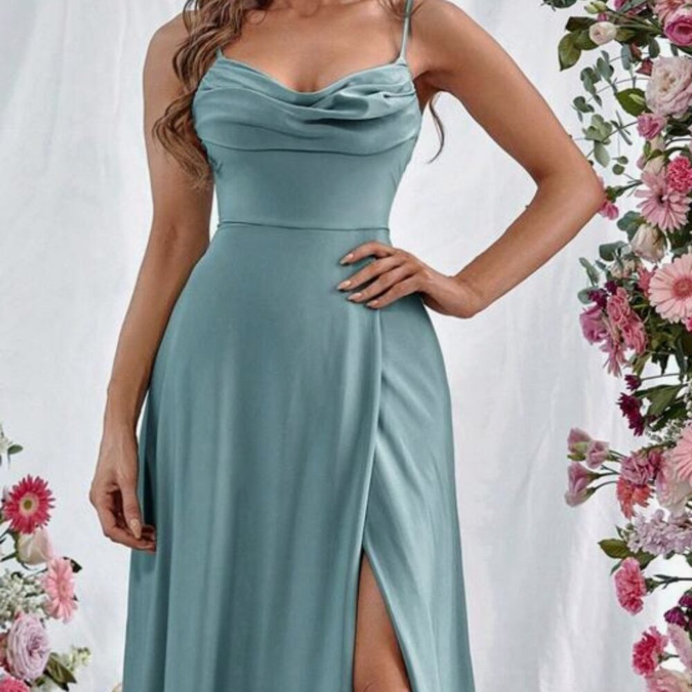 Faeriesty  Draped Collar Wrap Hem Satin Cami Dress Elegant Bridesmaid Dress